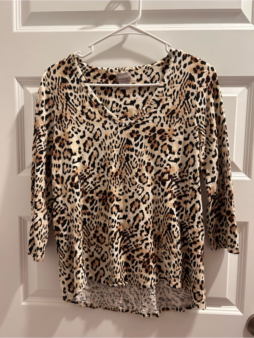 Chico's Leopard-Print V-Neck Long Sleeve Top in Beige, Brown & Black